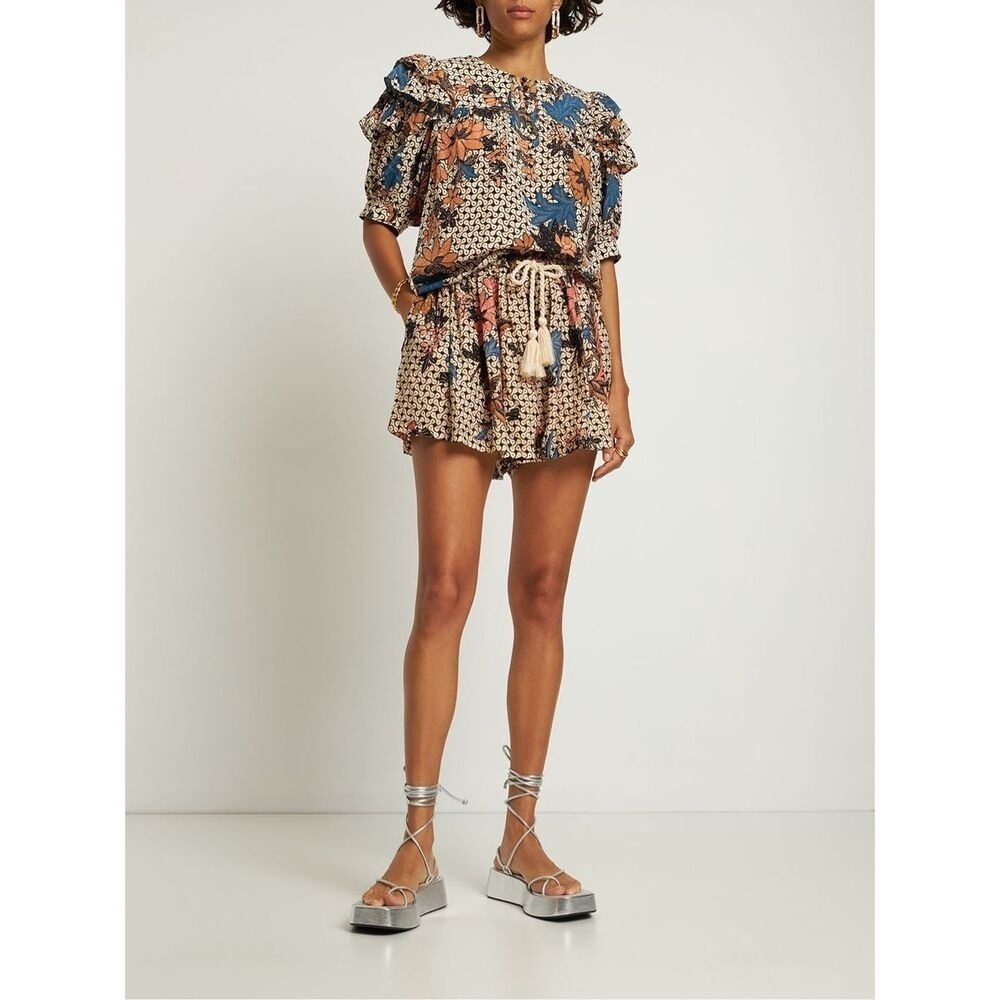 Ulla Johnson Batik Floral Shorts Womens Small Tan Blue Tassel Pre-Spring 2023